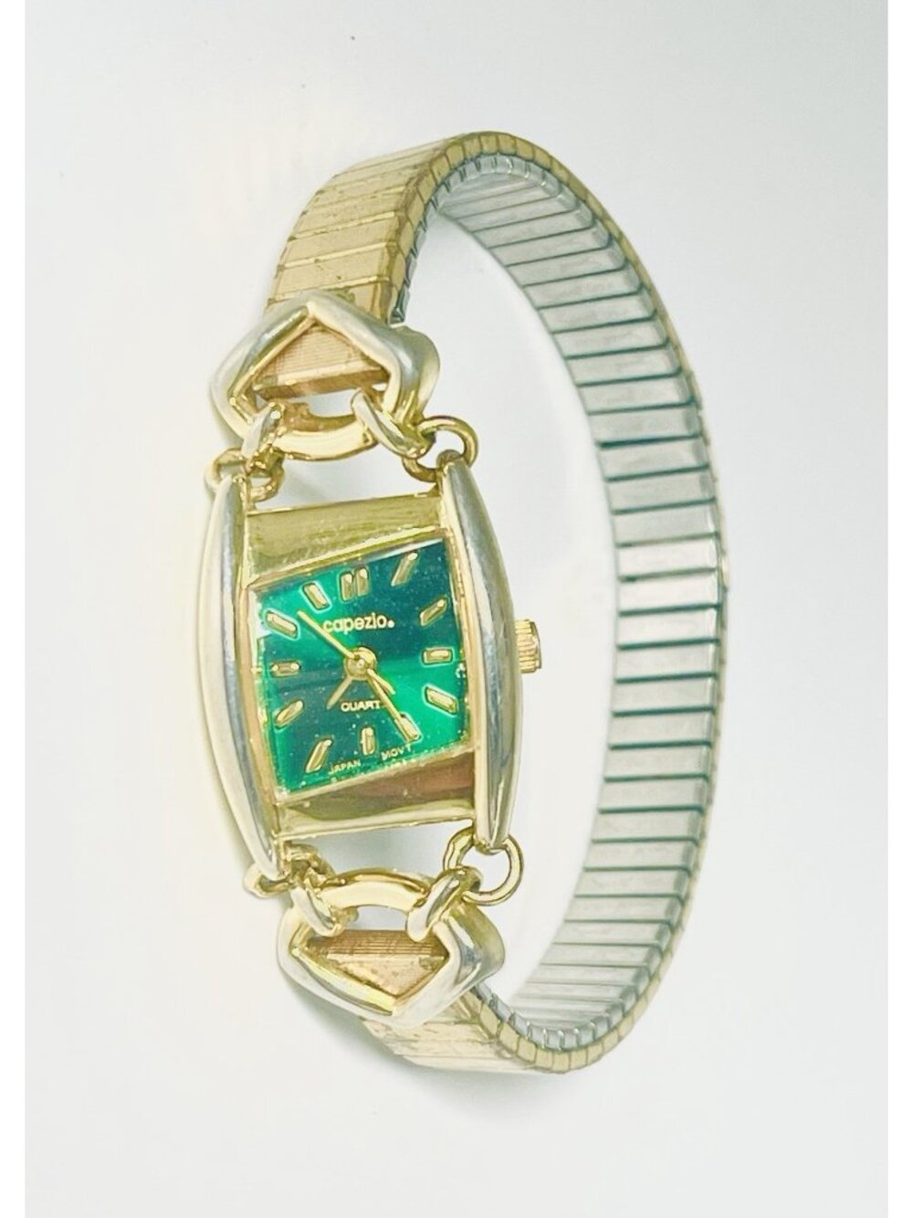 Vintage Capezio Watch Emerald Green Dial Tank Case Gold Tone Stretch Band Retro